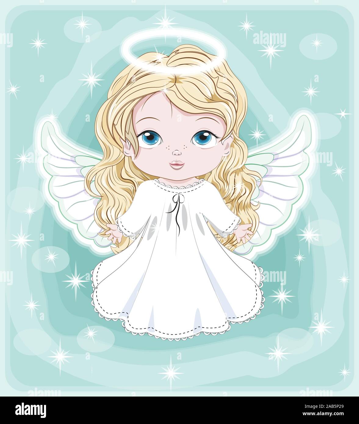 beautiful, charming little baby angel, in white dress. Picture in hand  drawing cartoon cute style, for Christmas and New year. Holiday Greeting  card Stock Vector Image & Art - Alamy