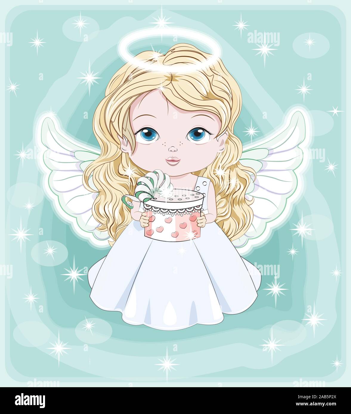 beautiful, charming little baby angel, in white dress with gift. Picture in  hand drawing cartoon cute style, for Christmas and New year. Holiday Greet  Stock Vector Image & Art - Alamy