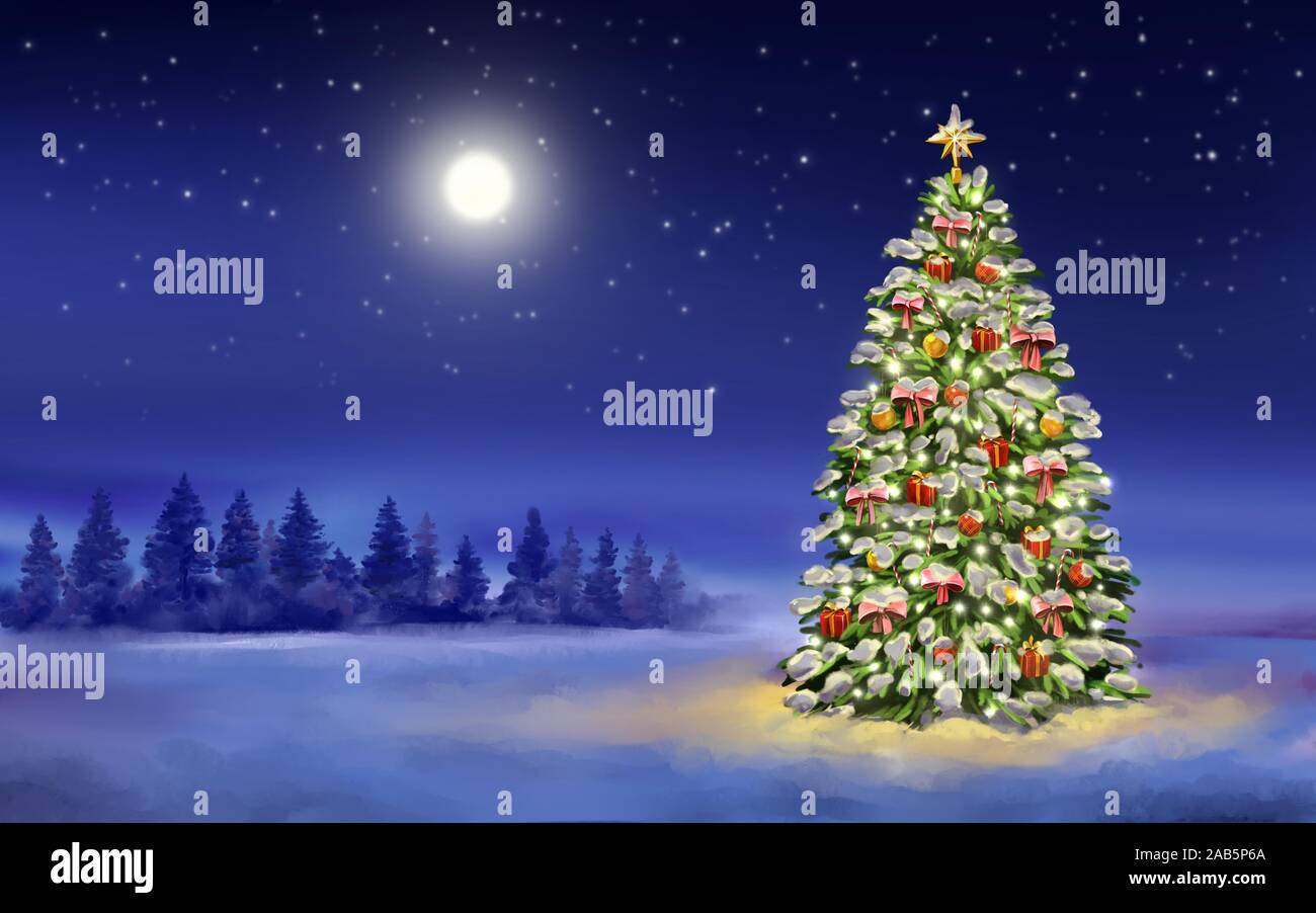 Christmas night, christmas tree on winter background, Decorative Christmas  wallpaper, art illustration painted with watercolors Stock Photo - Alamy