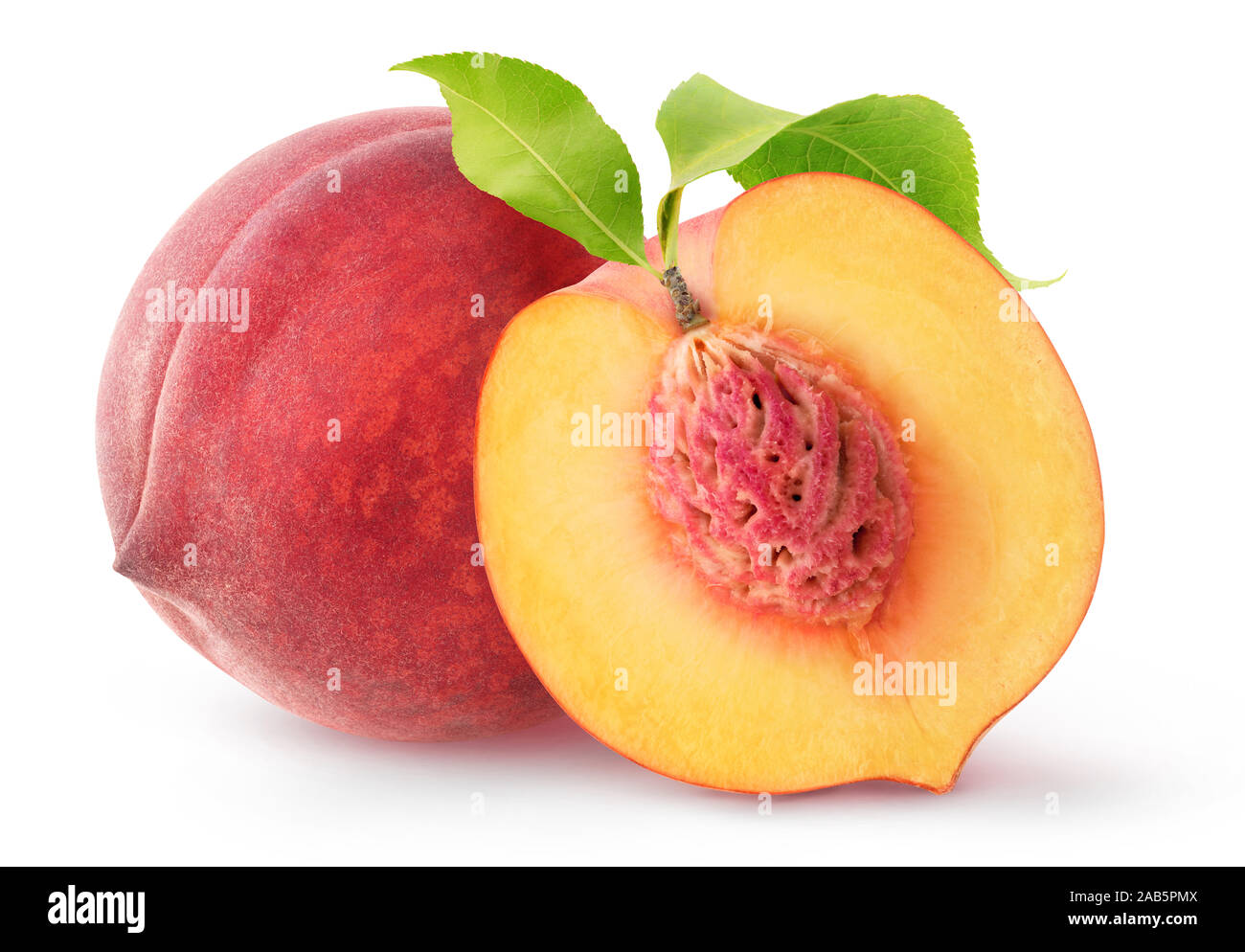 Isolated peach fruits. One whole fresh peach and a half with kernel and leaves isolated on white background with clipping path Stock Photo