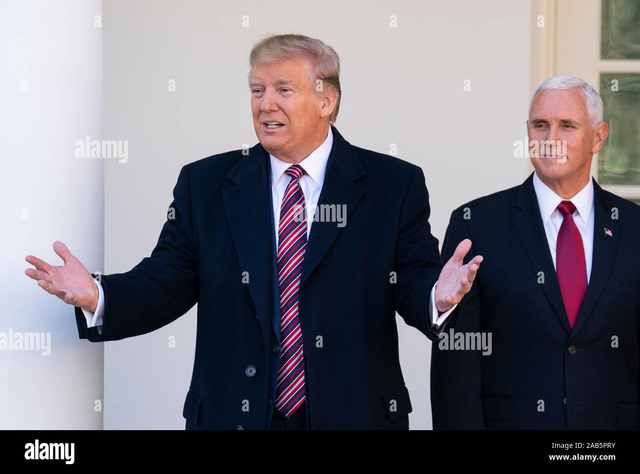 Washington, United States. 25th Nov, 2019. President Donald Trump, joined by Vice President Mike Pence, speaks about Conan the military working dog, at the White House in Washington, DC on November 25, 2019. The dog Conan assisted in the Baghdadi raid and was awarded a medal by President Trump. Photo by Kevin Dietsch/UPI Credit: UPI/Alamy Live News Stock Photo