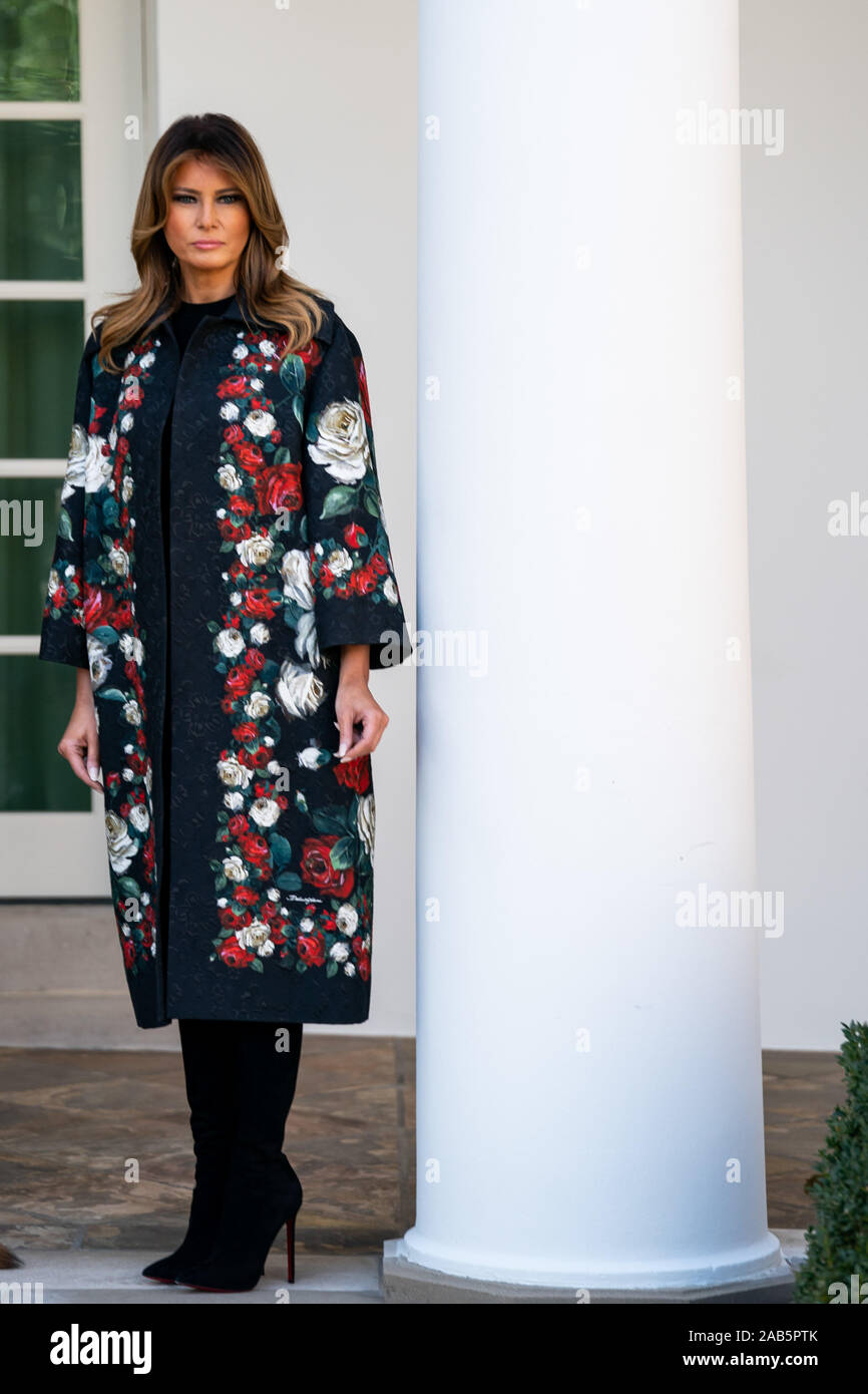 Washington, United States. 25th Nov, 2019. First Lady Melania Trump stands by as President Trump speaks about Conan the military working dog, at the White House in Washington, DC on November 25, 2019. The dog Conan assisted in the Baghdadi raid and was awarded a medal by President Trump. Photo by Kevin Dietsch/UPI Credit: UPI/Alamy Live News Stock Photo