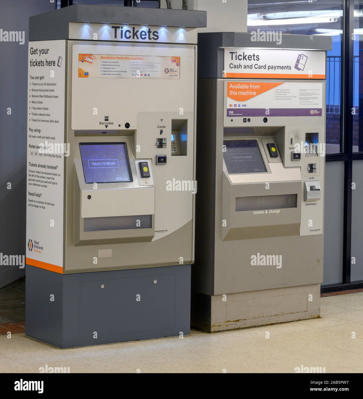 Two automated rail ticket machines at Birmingham Snow Hill railway station, Birmingham, West Midlands, England, UK Stock Photo