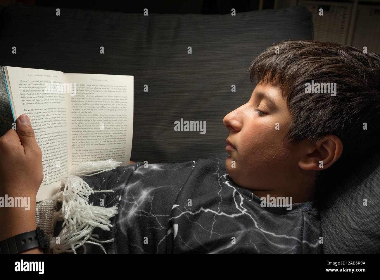 Boy, age 12, reading a book in the sofa at home Stock Photo