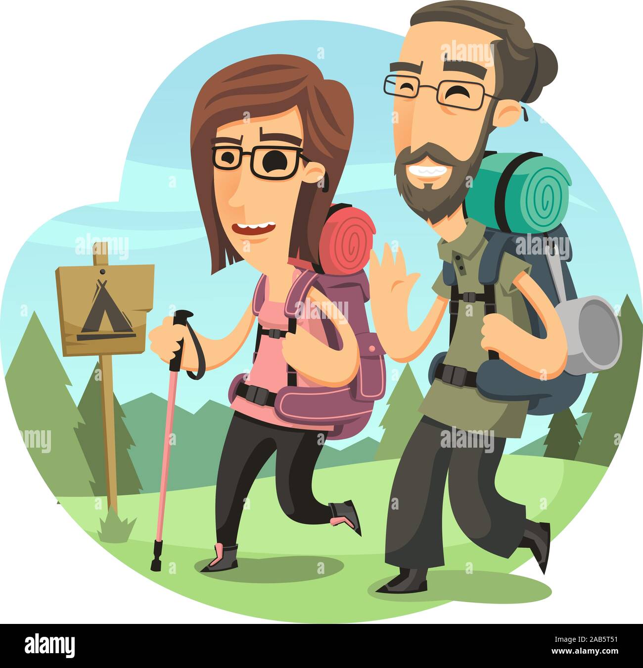 Backpackers couple hiking outdoors Stock Vector