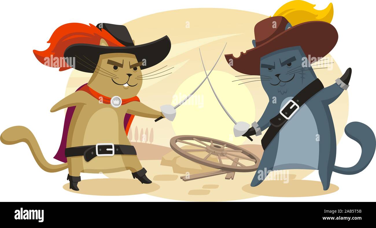 two cats sword fighting dressed as musketeers Stock Vector