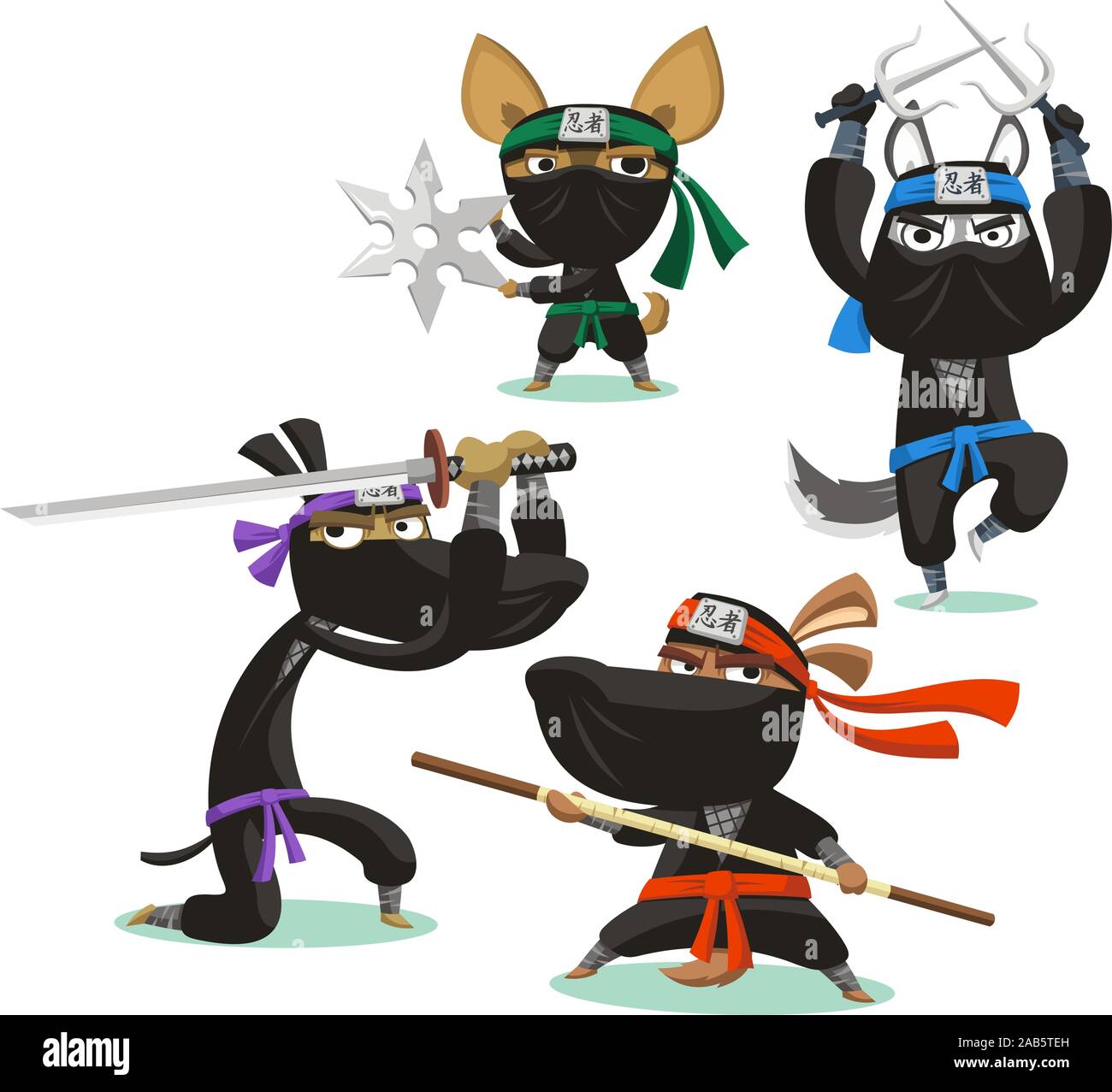 ninja dog set cartoon illustration, Stock Vector