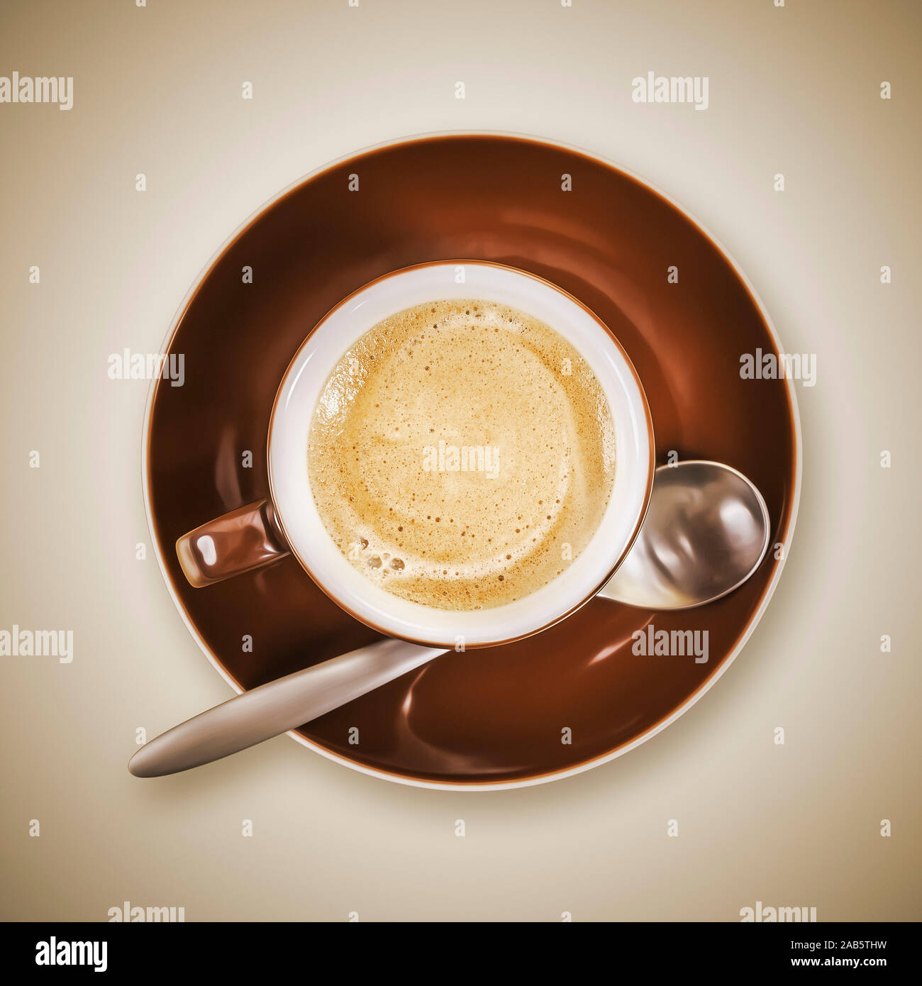 Eine braune Kaffeetasse vor beigem Hintergrund Stock Photo