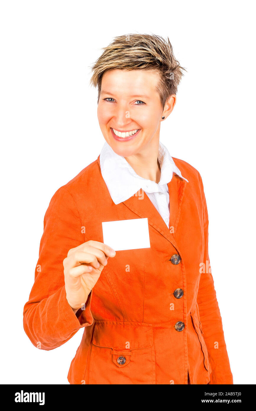 Eine huebsche Geschaeftsfrau mit Visitenkarte Stock Photo