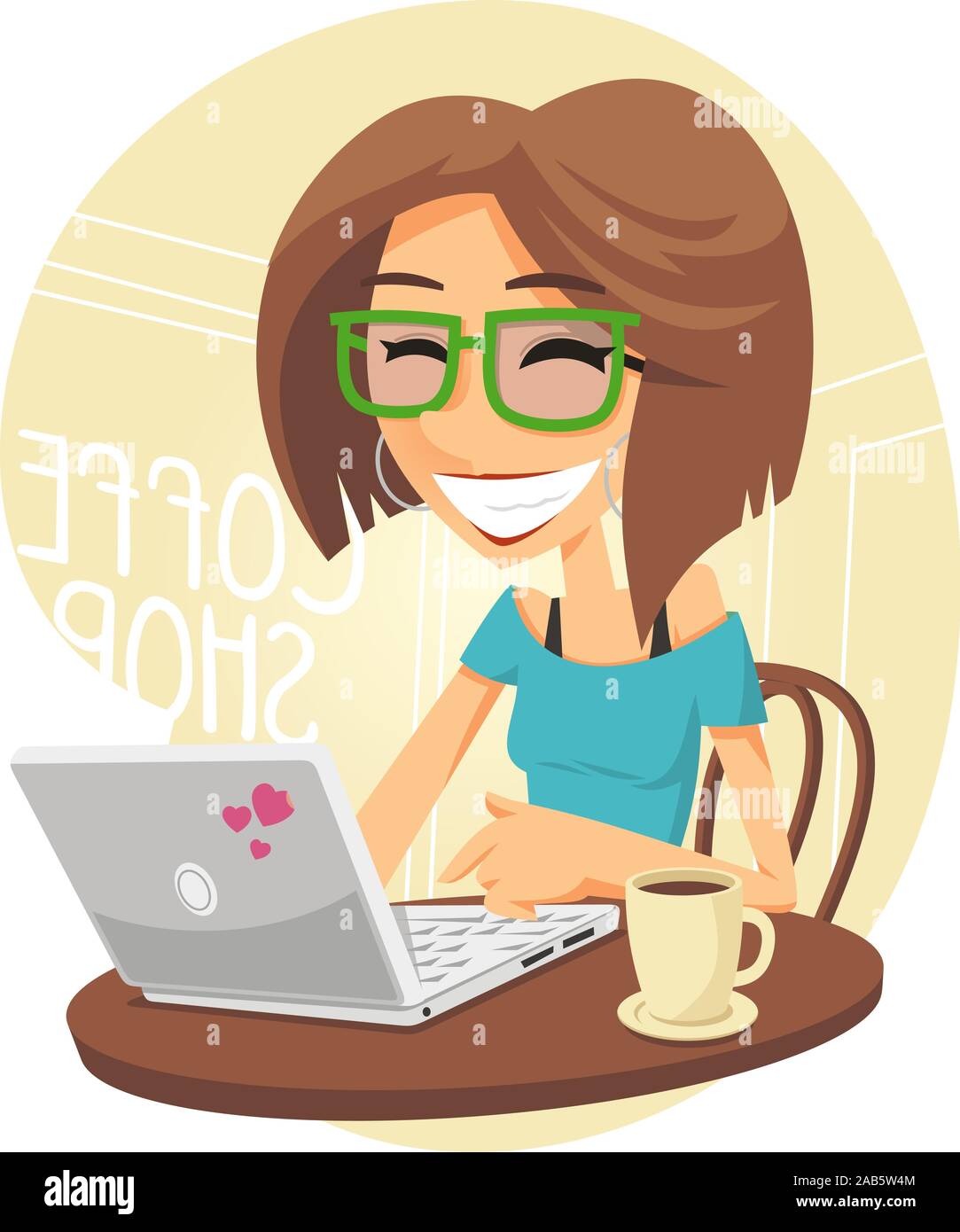 woman working at coffee shop with laptop computer Stock Vector