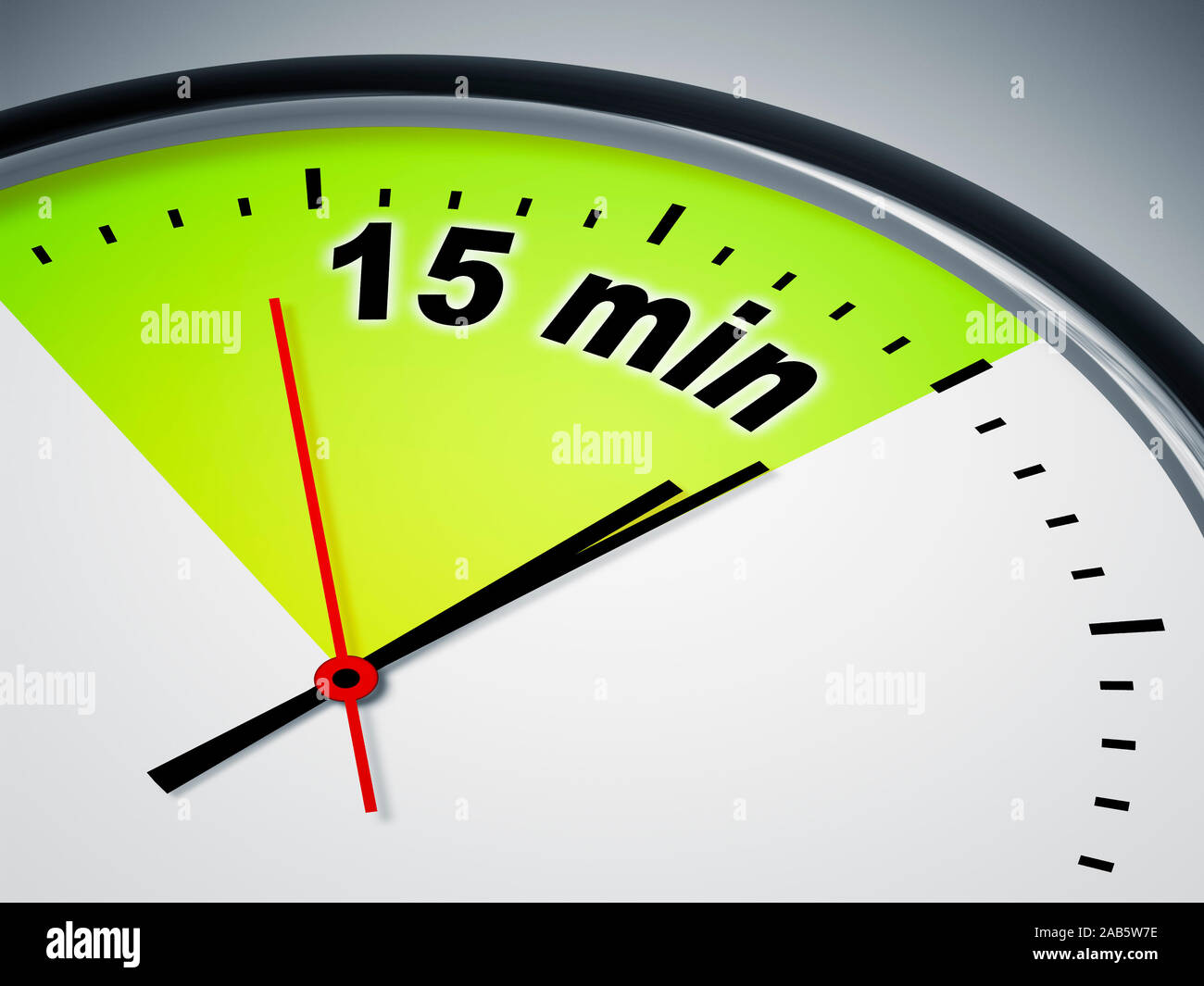 Ein simples Ziffernblatt, auf dem 15 Minuten angezeigt werden Stock Photo