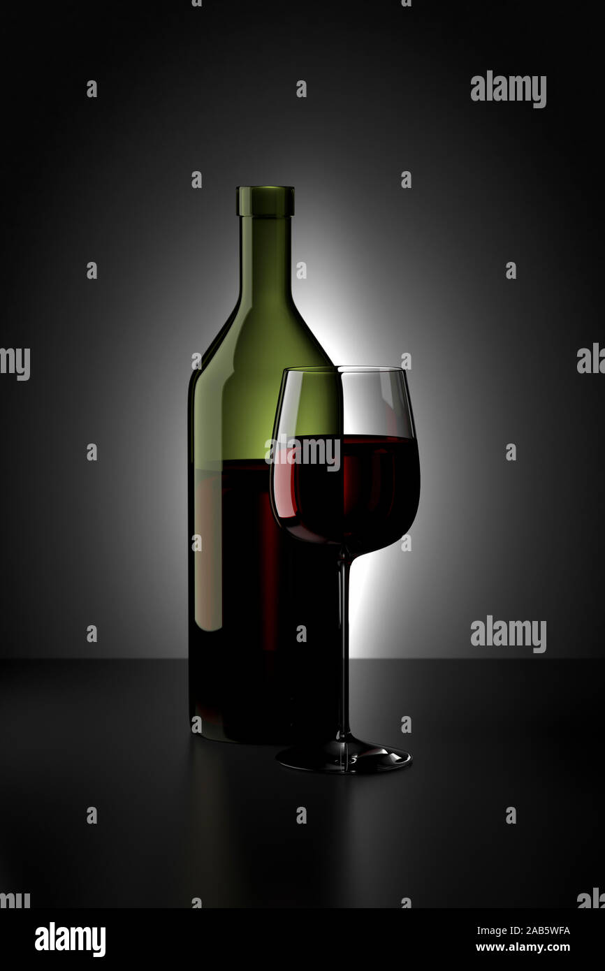 Eine Rotweinflasche und ein Glas Stock Photo