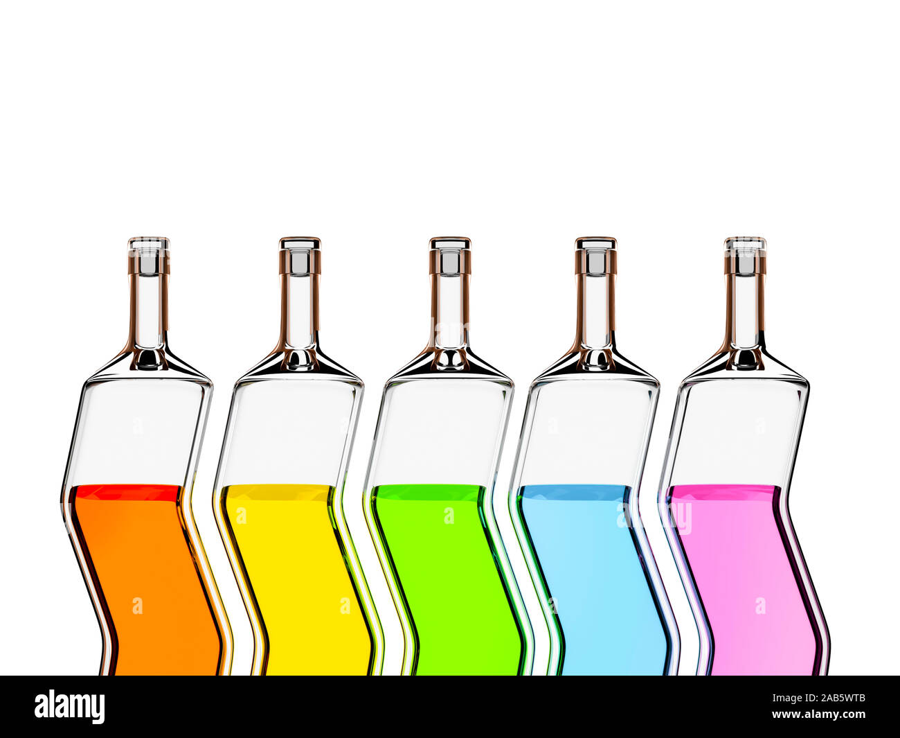 Fuenf stilvolle Flaschen mit verschiedenfarbigem Inhalt Stock Photo
