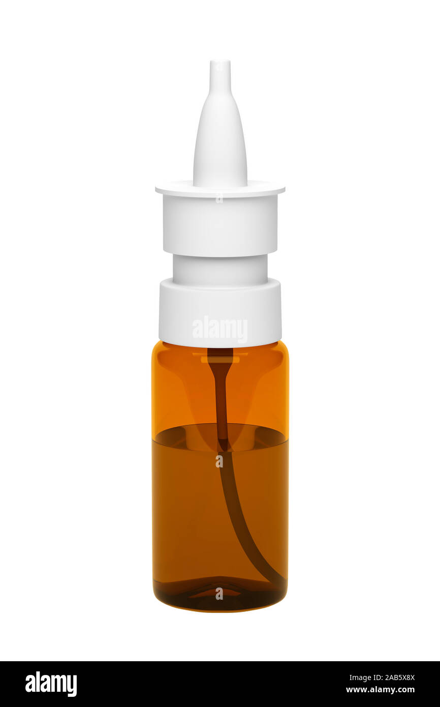Eine Flasche Nasenspray vor weissem Hintergrund Stock Photo