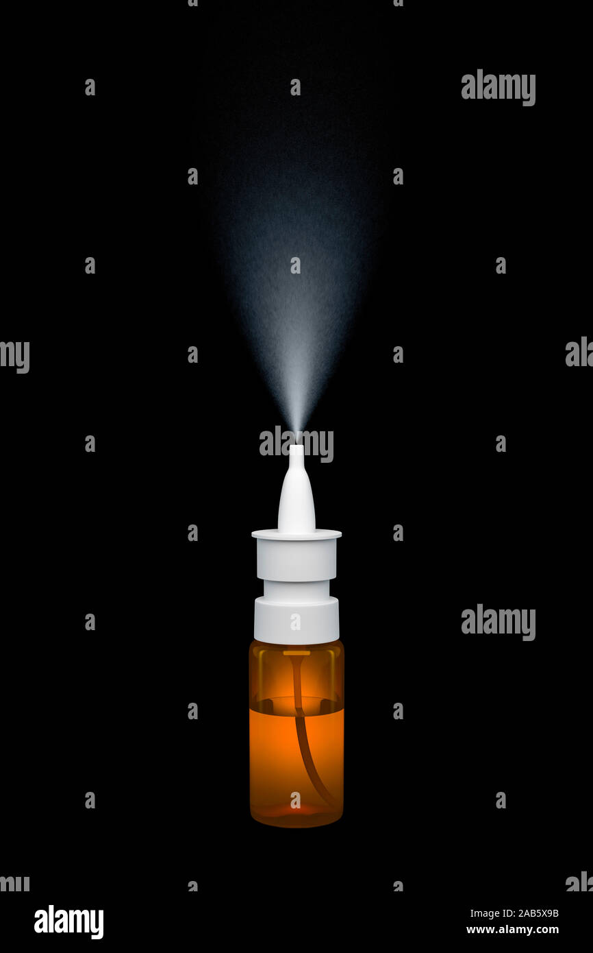 Eine Flasche Nasenspray vor schwarzem Hintergrund Stock Photo