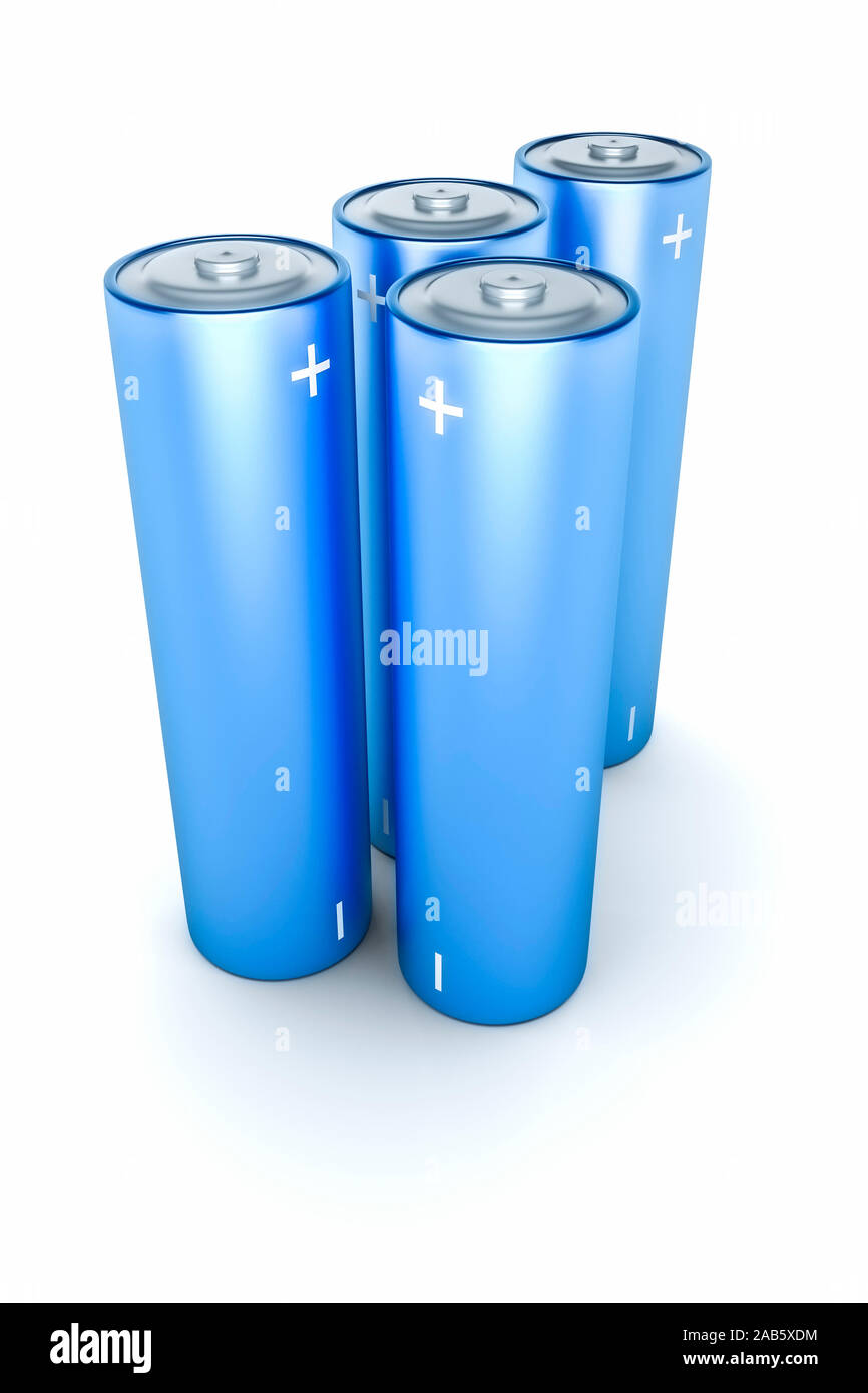 Vier blaue Batterien vor weissem Hintergrund Stock Photo