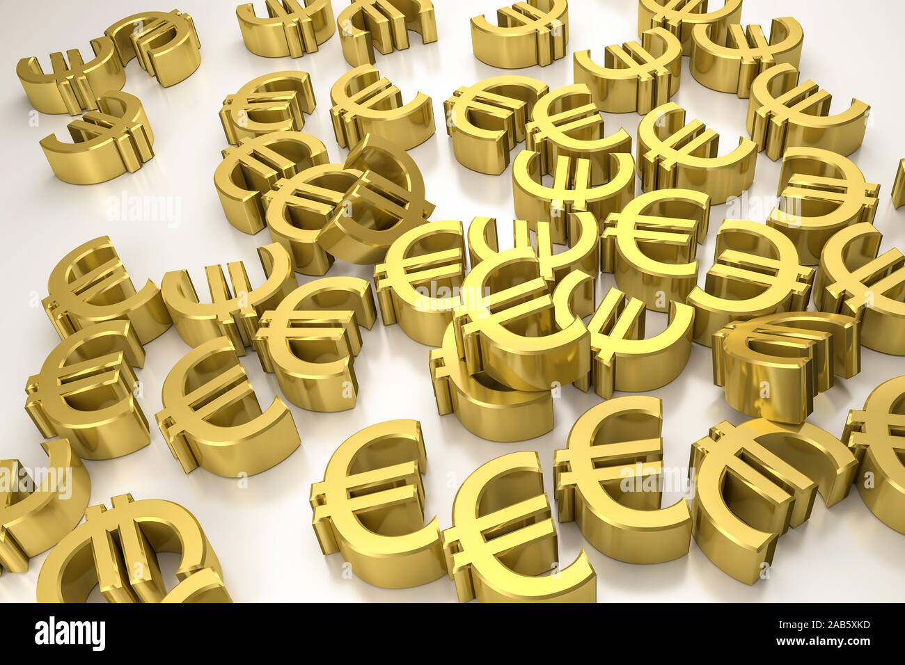 Viele goldene Euro-Symbole vor weissem Hintergrund Stock Photo