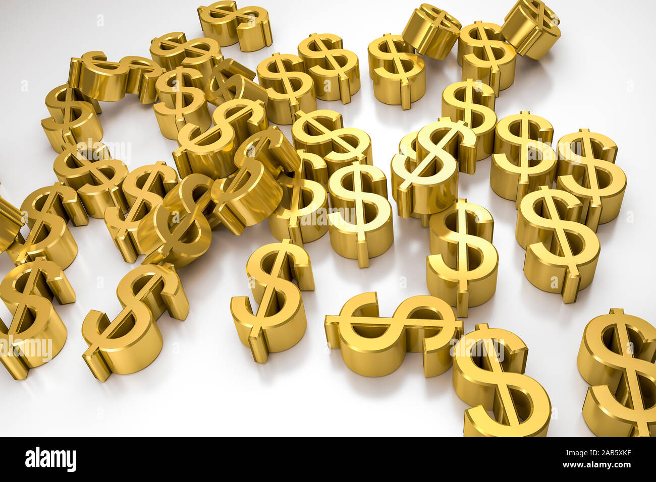 Viele goldene Dollar-Symbole vor weissem Hintergrund Stock Photo