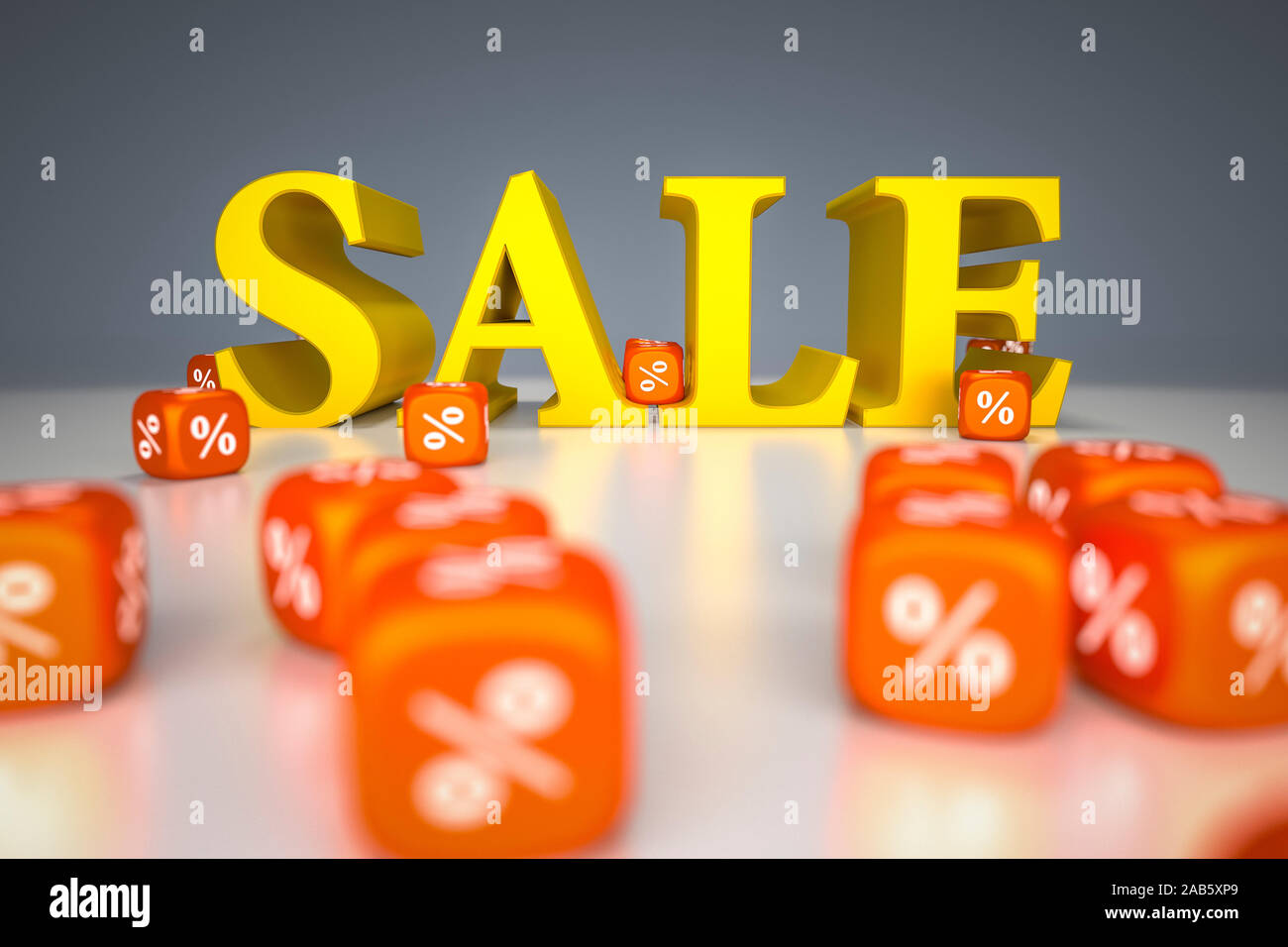 Vier gelbe Buchstaben, die das Wort 'Sale' ergeben, umgeben von roten Wuerfeln mit dem Prozent-Symbol. Stock Photo