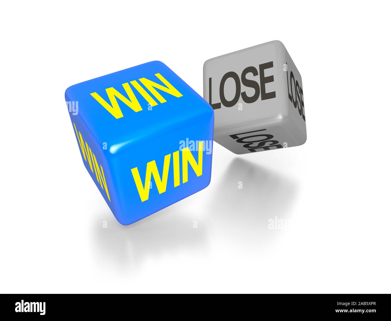 Zwei Wuerfel vor weissem Hintergrund, auf denen die Worte 'Win' und 'Lose' zu sehen sind. Stock Photo