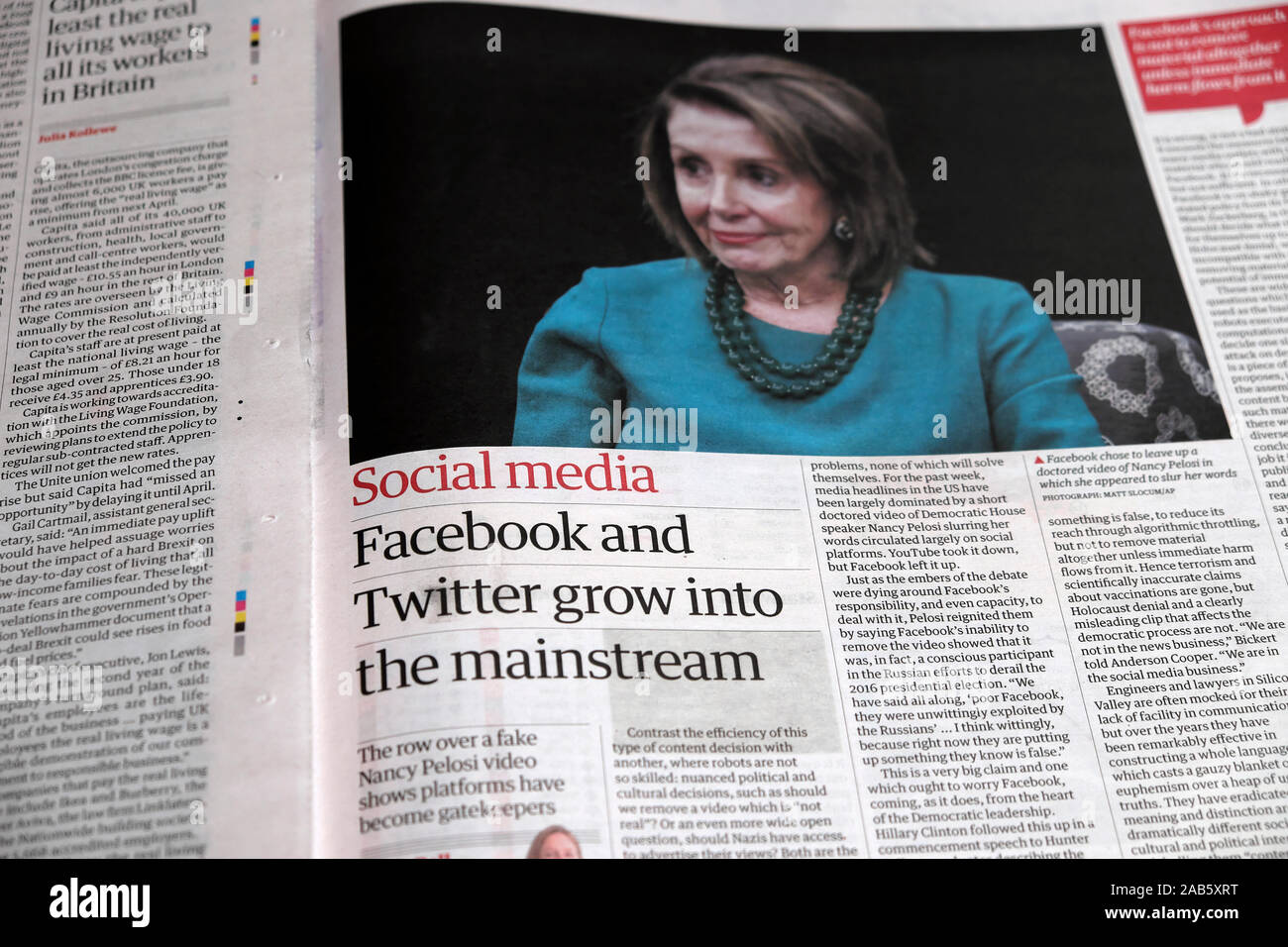 'Facebook and Twitter grow into the mainstream' Nancy Pelosi video Social Media article in the Guardian newspaper London England UK 2 June 2019 Stock Photo
