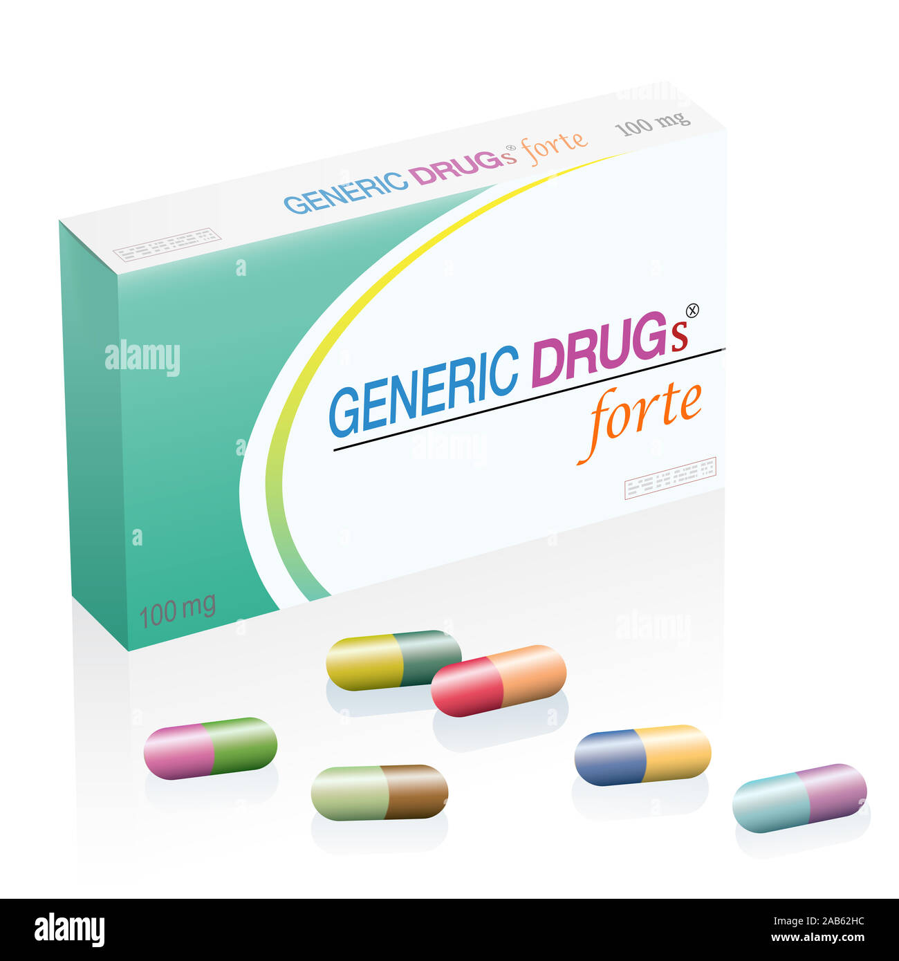 Generic drugs, pills box with colorful capsules. Symbolic for harmful counterfeit pills, risk and danger of cheap or illegal produced pharmaceuticals. Stock Photo