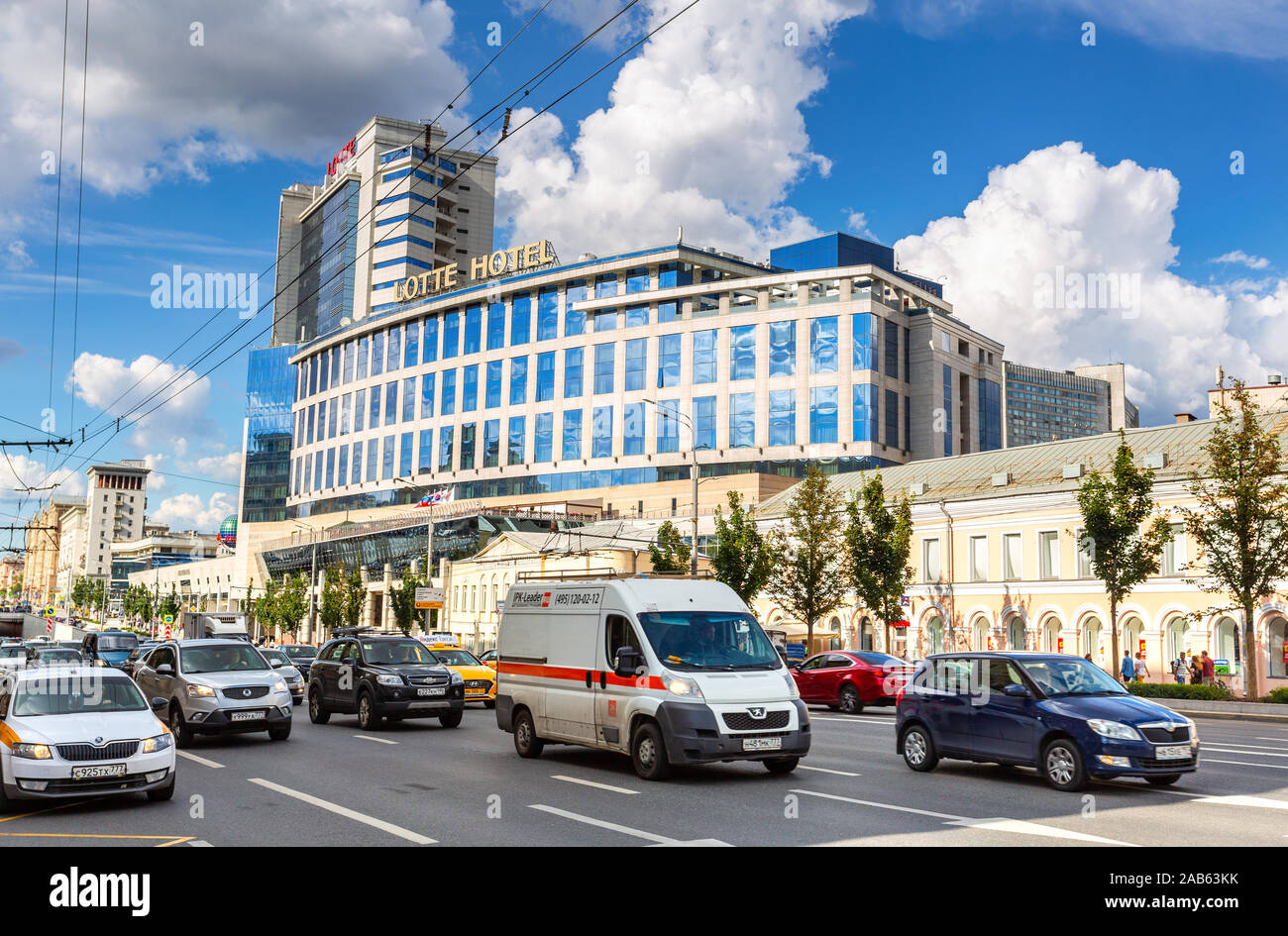 Moscow, Russia - July 9, 2019: Lotte Hotel building facade and logo in summer sunny day. Modern construction in Moscow Stock Photo