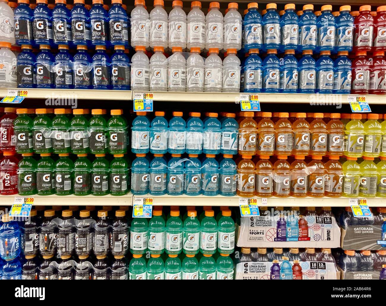 Variety of Gatorade bottles on a grocery store shelf Stock Photo