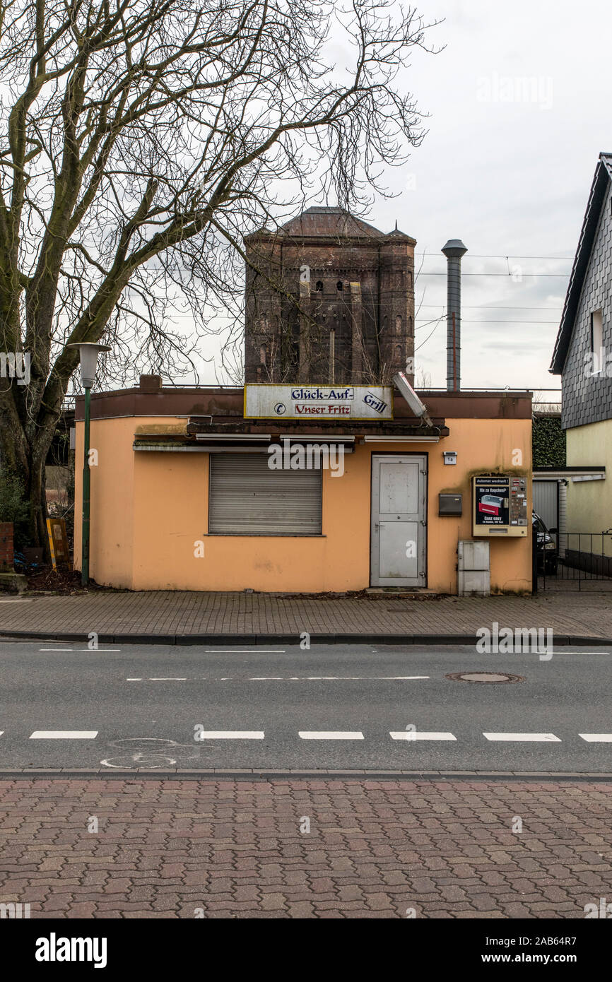 Malakow tower of the former Unser Fritz colliery, shaft 1/4, in Herne, closed Glück-Auf Unser Fritz snack bar on Schloss Street, Stock Photo