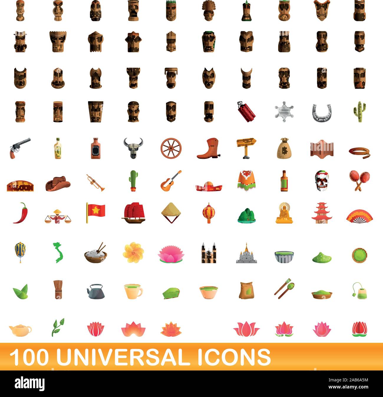 100 universal icons set. Cartoon illustration of 100 universal icons vector set isolated on white background Stock Vector
