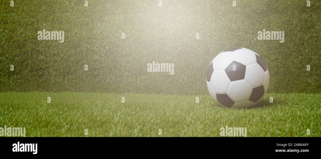 Black and white soccer ball on green soccer pitch. Stock Photo