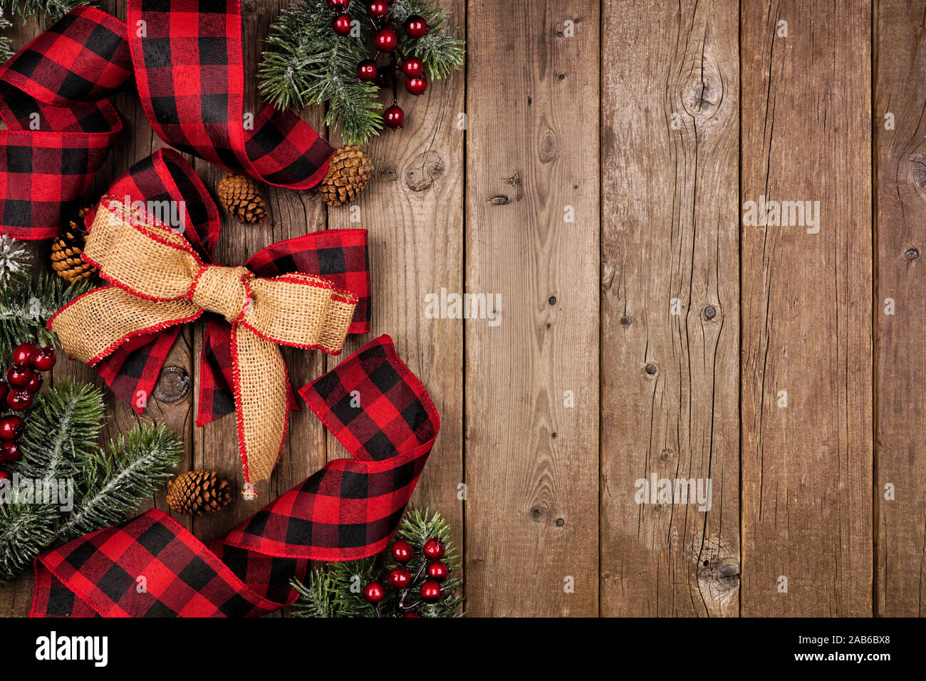 Christmas side border with red and black checked buffalo plaid ribbon ...