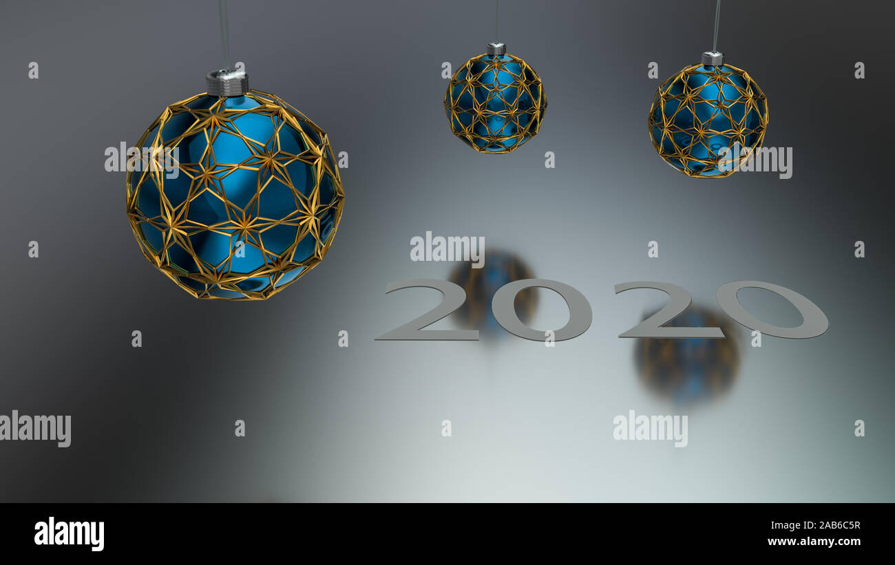 Three blue christmas ball enclosed with gold ornaments hanging over grey reflective ground. White year number 2020 made of paper laid on the ground. H Stock Photo
