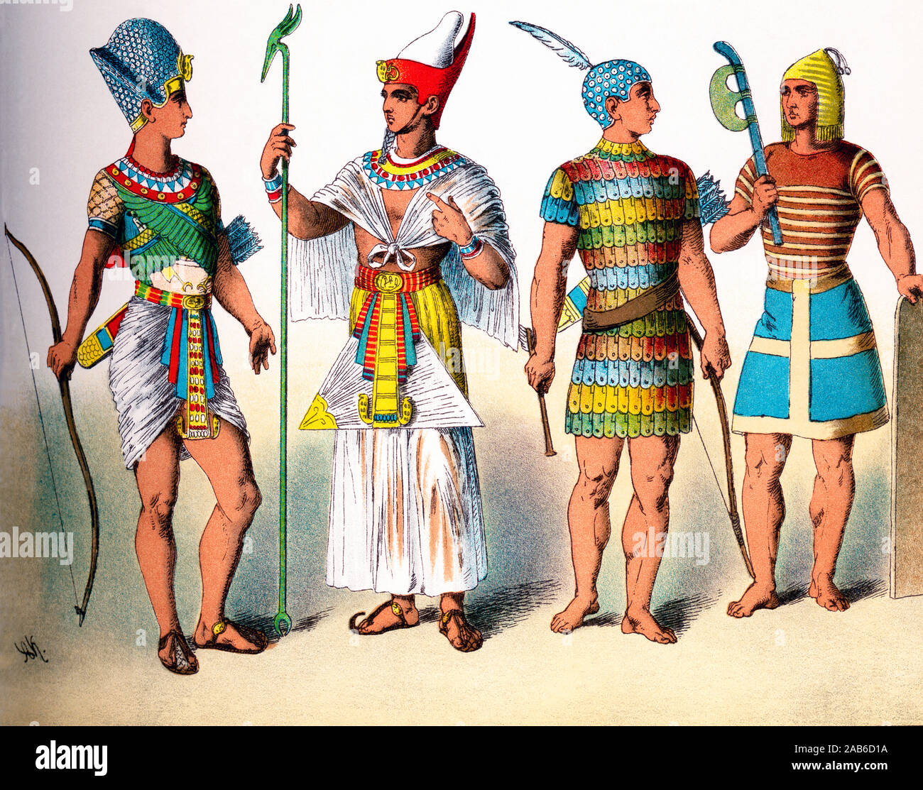 The figures represented here, from left to right, are an Egyptian pharaoh and three Egyptian warriors. The illustration dates to 1882. Stock Photo