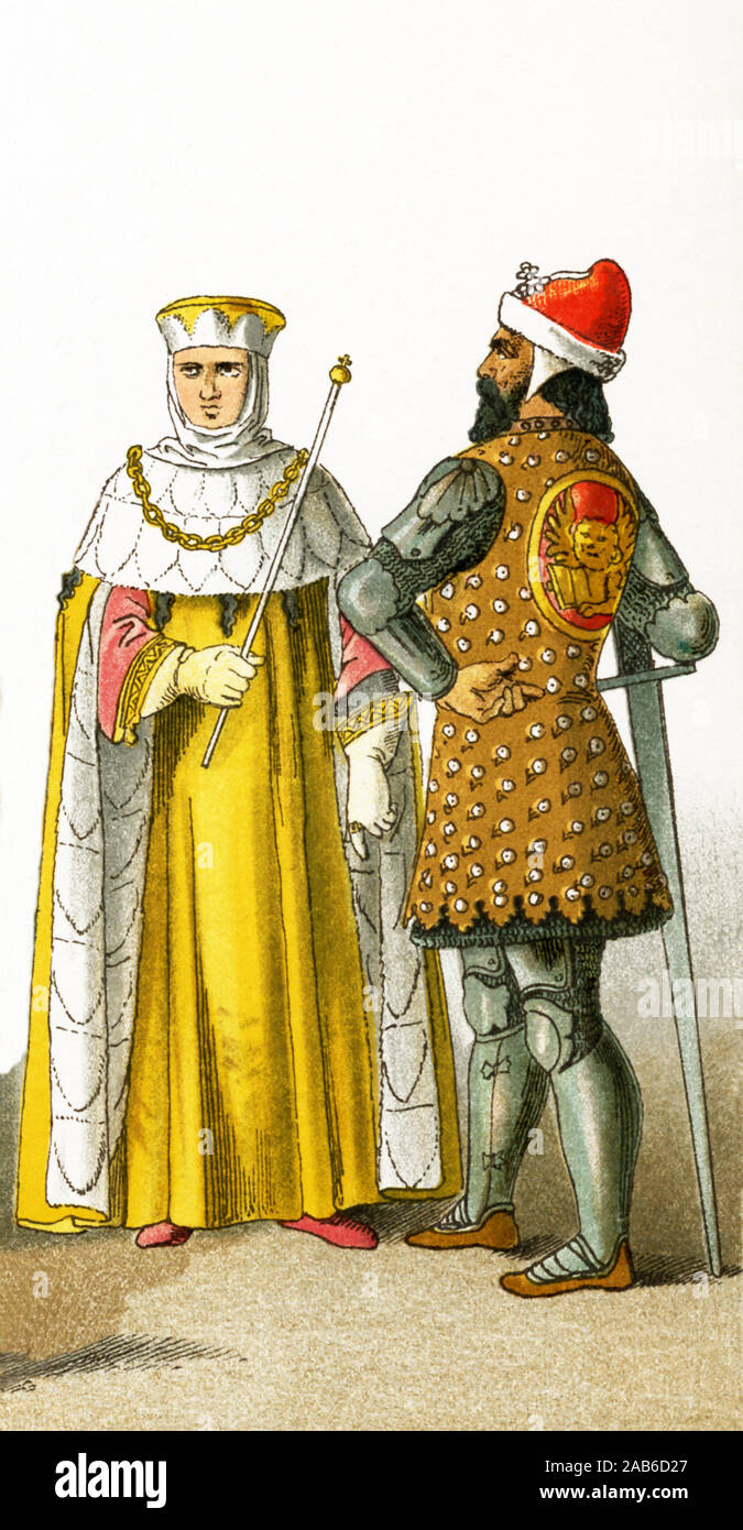 The figures in this image are Italians from the A.D. 1300s. They represent, from left to right:  Roman senator and  Doge of Venice. The illustration dates to 1882. Stock Photo