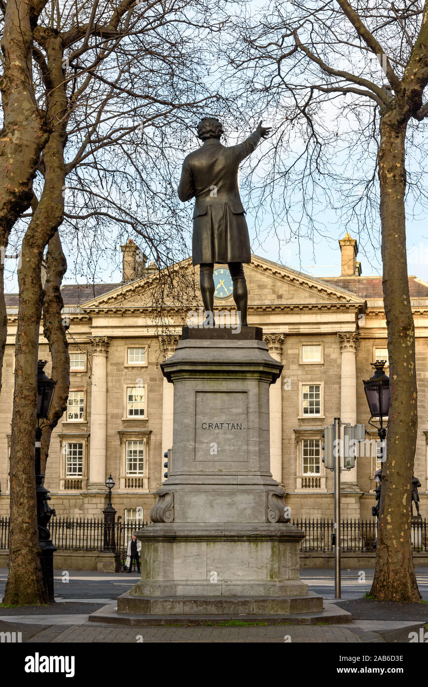 The statue of Grattan in front of the trinity college in Dublin. Stock Photo