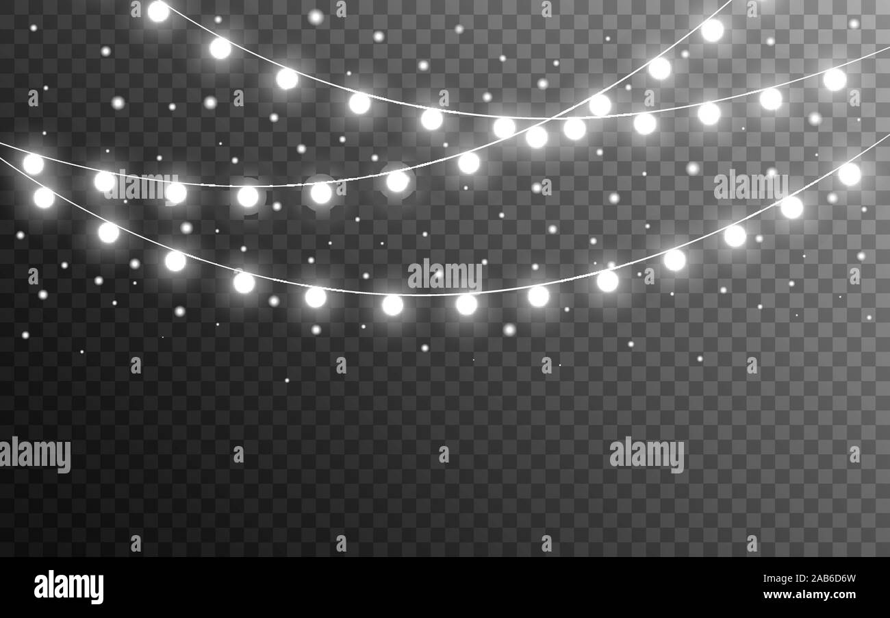 Christmas lights and snow flakes on transparent backdrop. Realistic luminous elements. Glowing silver garlands. Bright light bulbs for website, card o Stock Vector