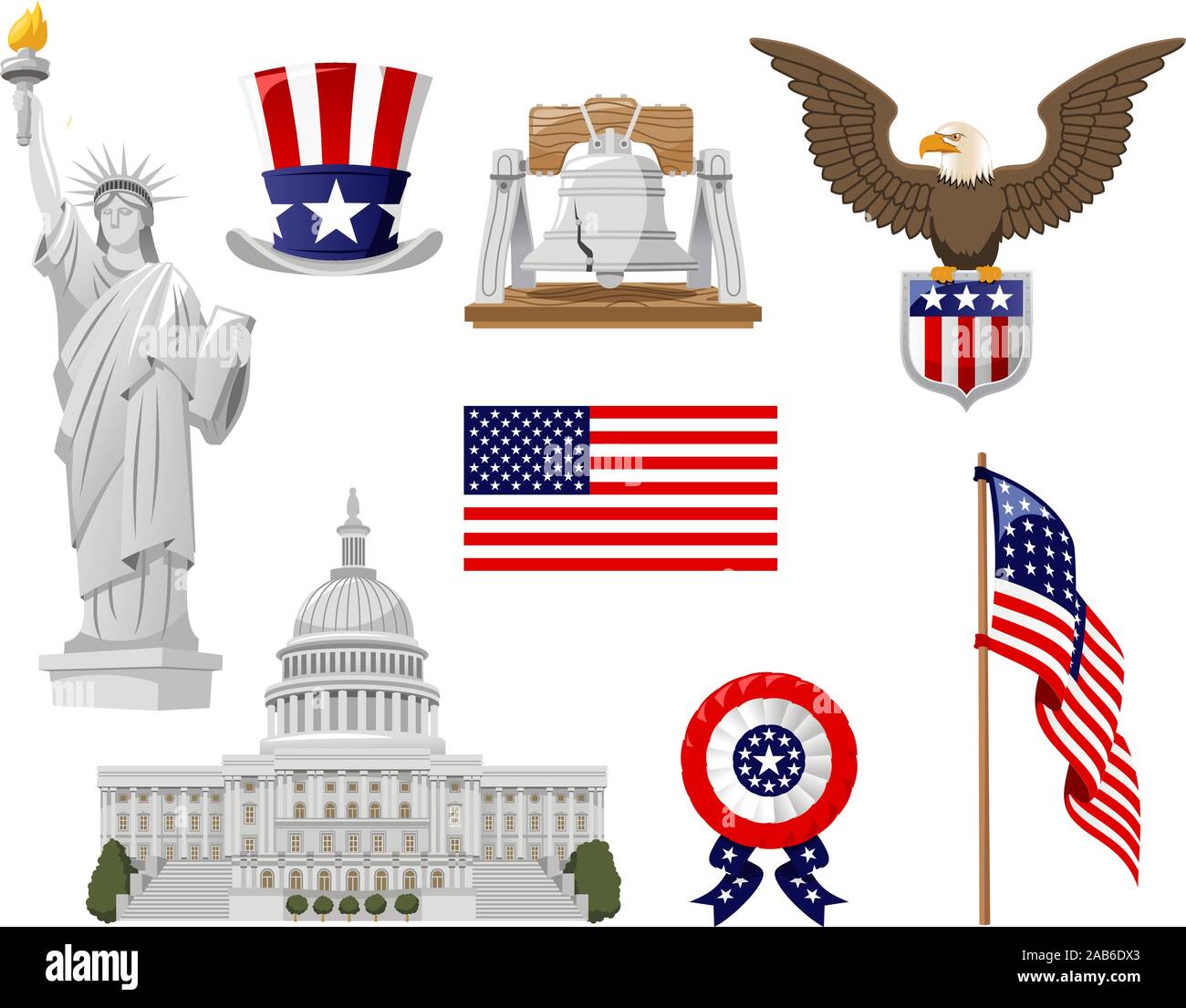 American Culture vector illustration icons, such as top hat, bell, liberty statue, flagged country, flag, white house collection set. Stock Vector