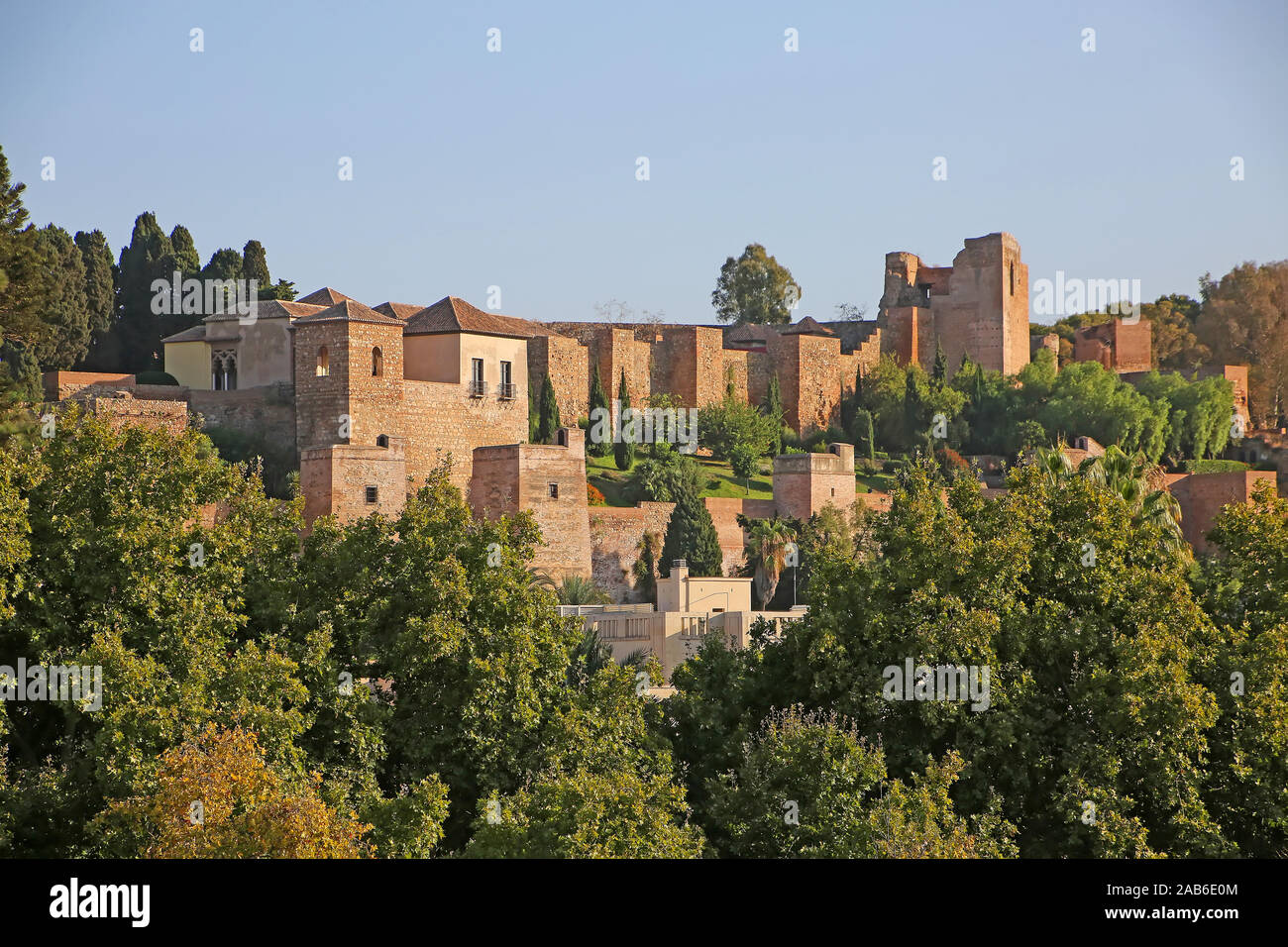 Castle of Gibralfaro which sits on the Mountain, surrounded by forest. The Castle overlooks Málaga city and the Mediterranean Sea, in  Andalusia, Sout Stock Photo