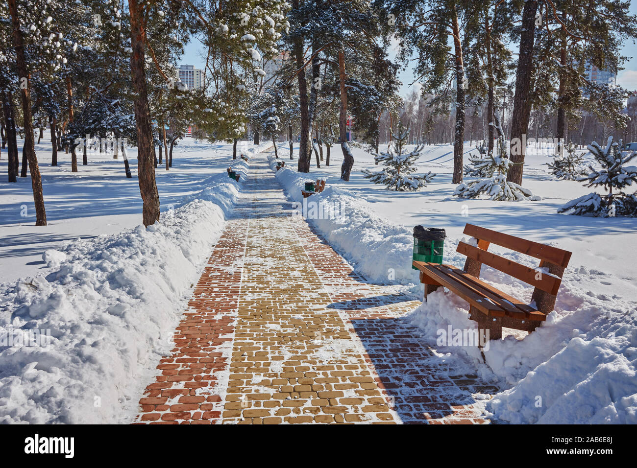 bench in the park in the snow in winter Stock Photo - Alamy