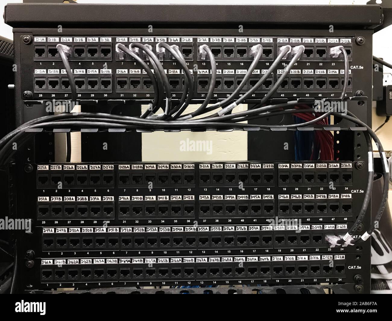 patch panels in communication room with cables connected to