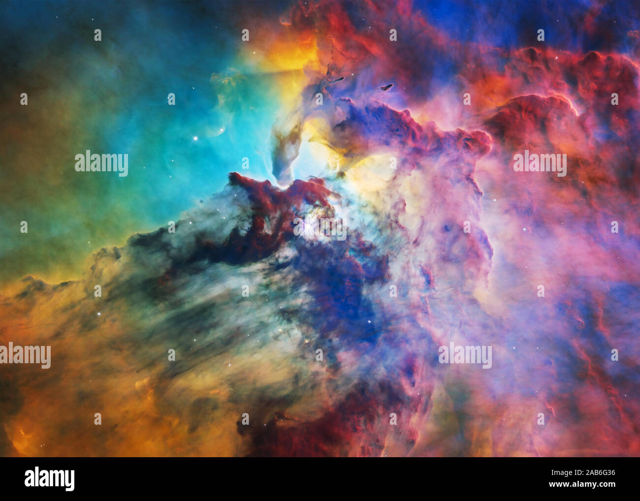 The Lagoon Nebula in bright colours. Deep space look. Science fiction wallpaper. Elements of this image were furnished by NASA. Stock Photo