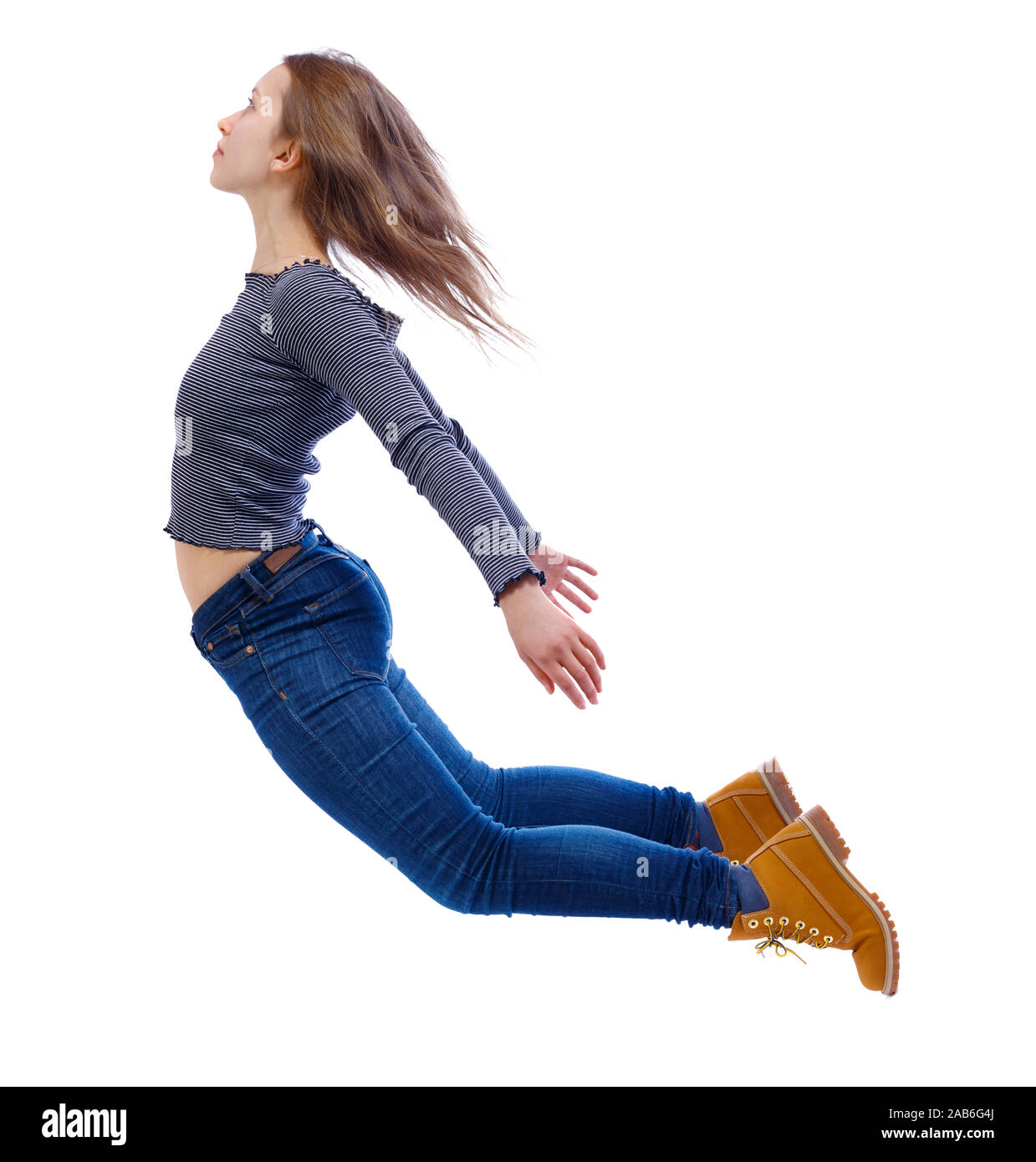 Side view of woman in zero gravity or a fall. girl is flying, falling or floating in the air. Side view people collection. side view of person. Isolat Stock Photo