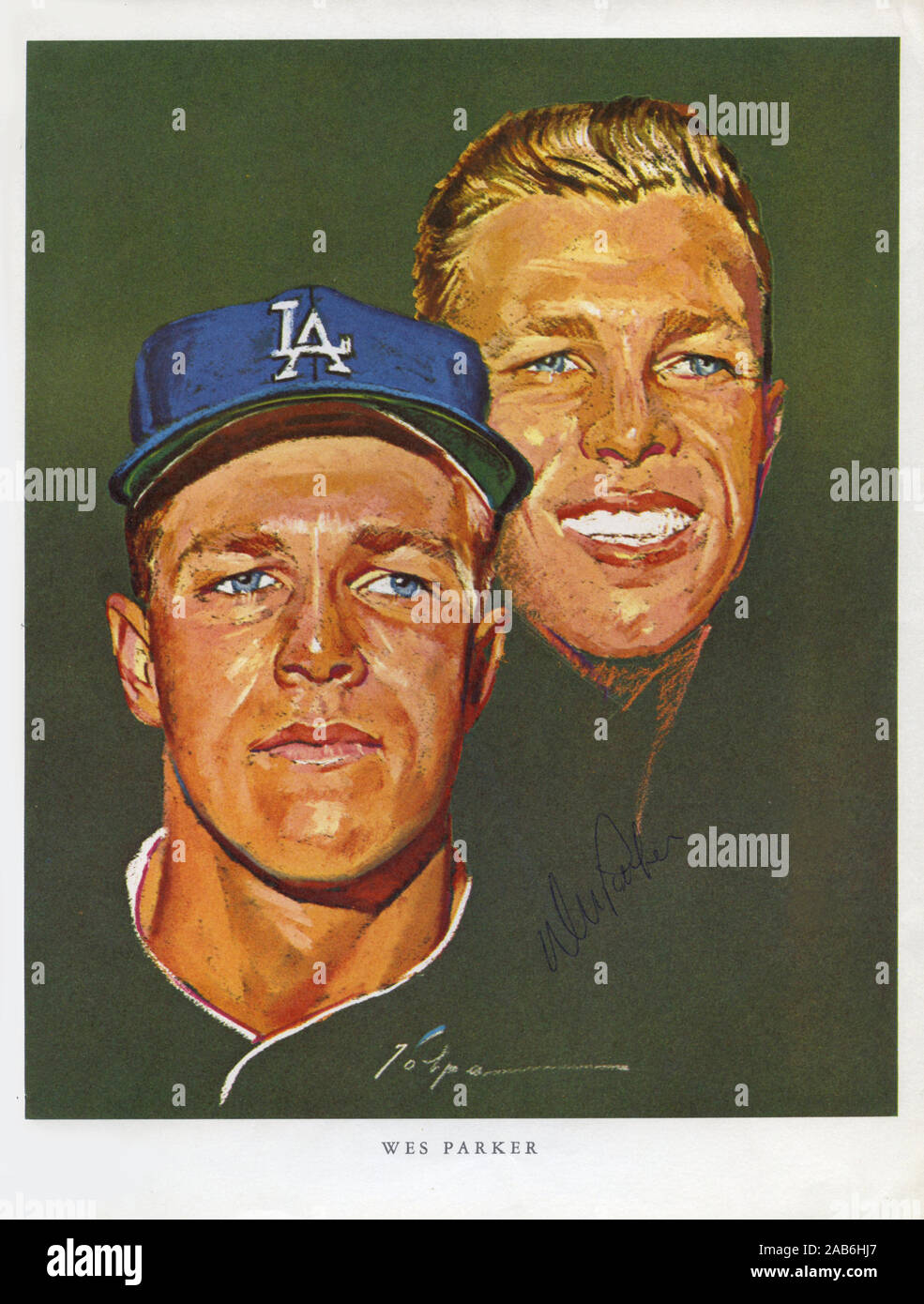 Souvenir portrait of Los Angeles Dodger player Wes Parker by artist Nicholas Volpe was given out to customers at 76 gas stations in Los Angeles in 1964 as a promotion. Stock Photo