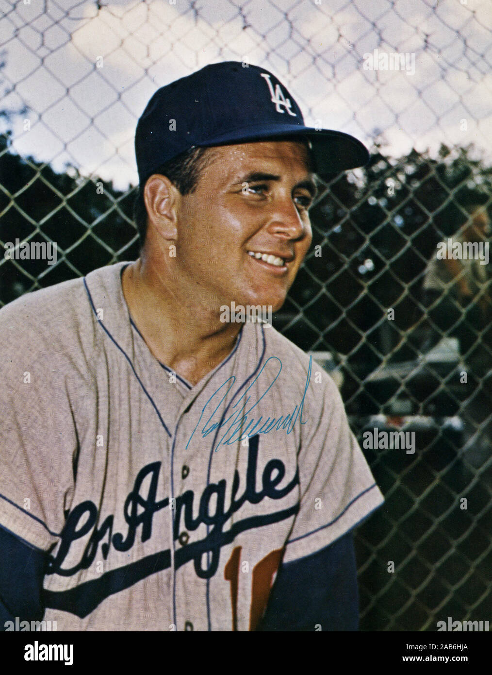Vintage autographed souvenir color photo of Los Angeles Dodgers relief pitcher Ron Perranoski circa 1960s. Stock Photo