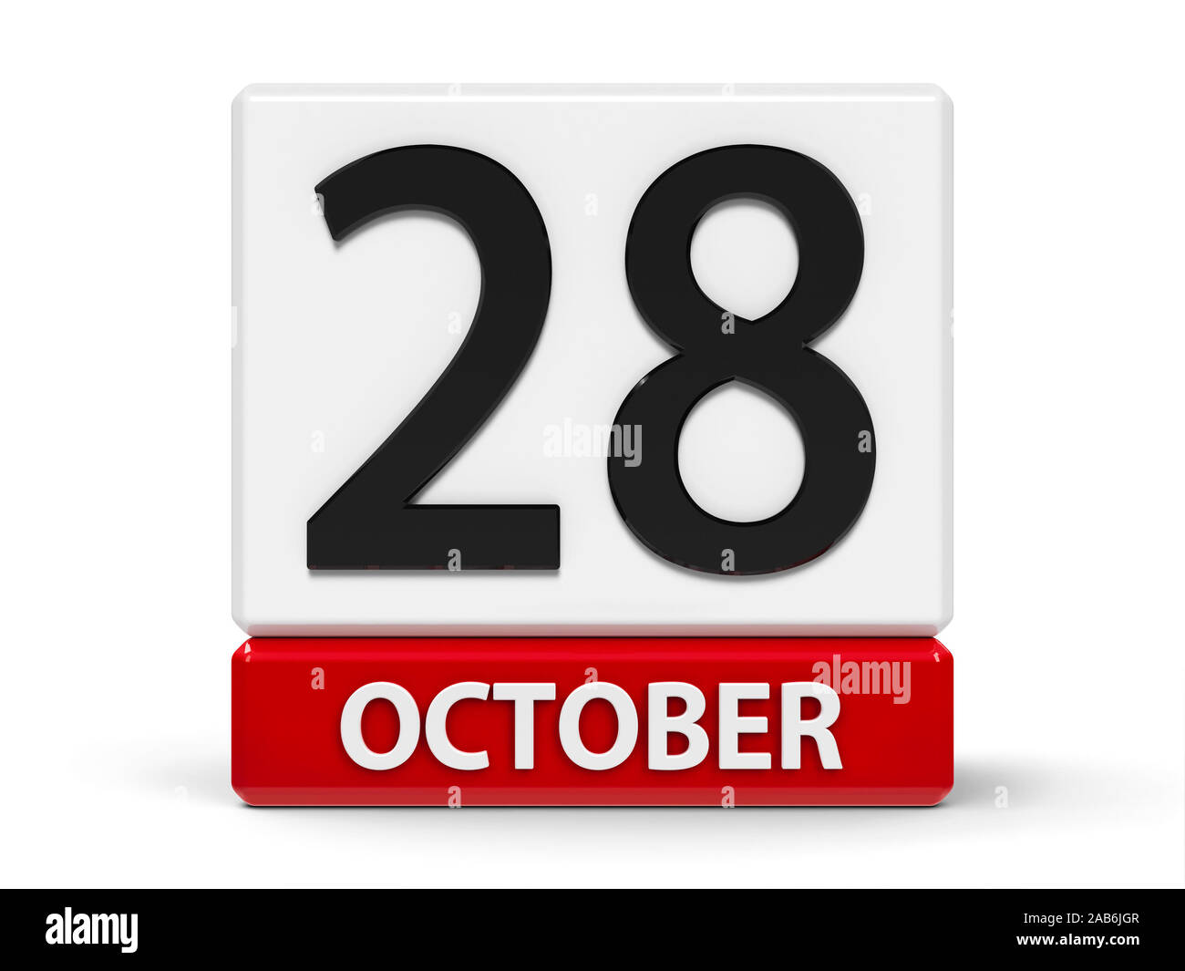 Red and white calendar icon from cubes - The Twenty Eighth of October - on a white table - International Animation Day, three-dimensional rendering, 3 Stock Photo