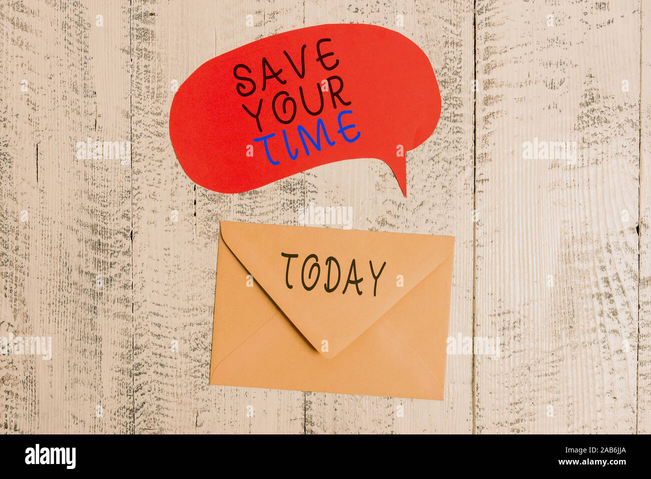 Handwriting text writing Save Your Time. Conceptual photo Finding ways to finished the job quick Automation End faster Front view closed envelop speec Stock Photo