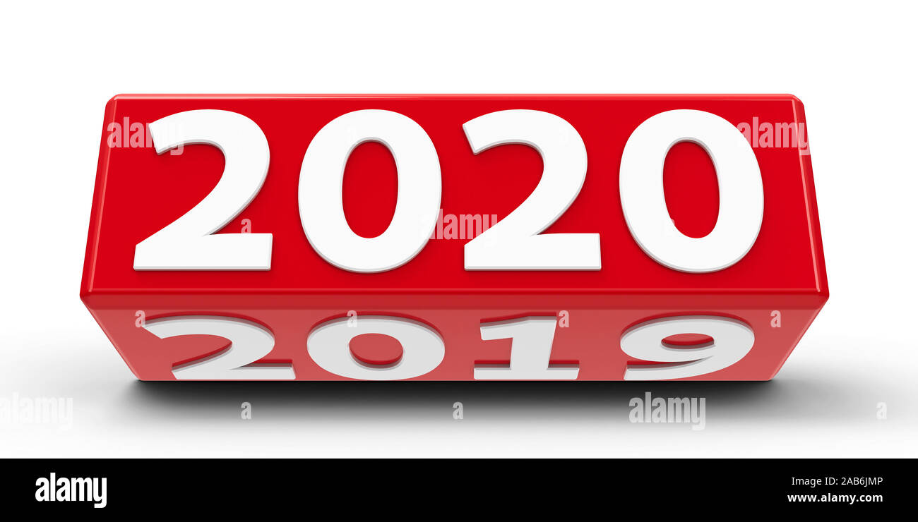 Red cube (cuboid) with 2019-2020 change on a white table represents the new 2020, three-dimensional rendering, 3D illustration Stock Photo