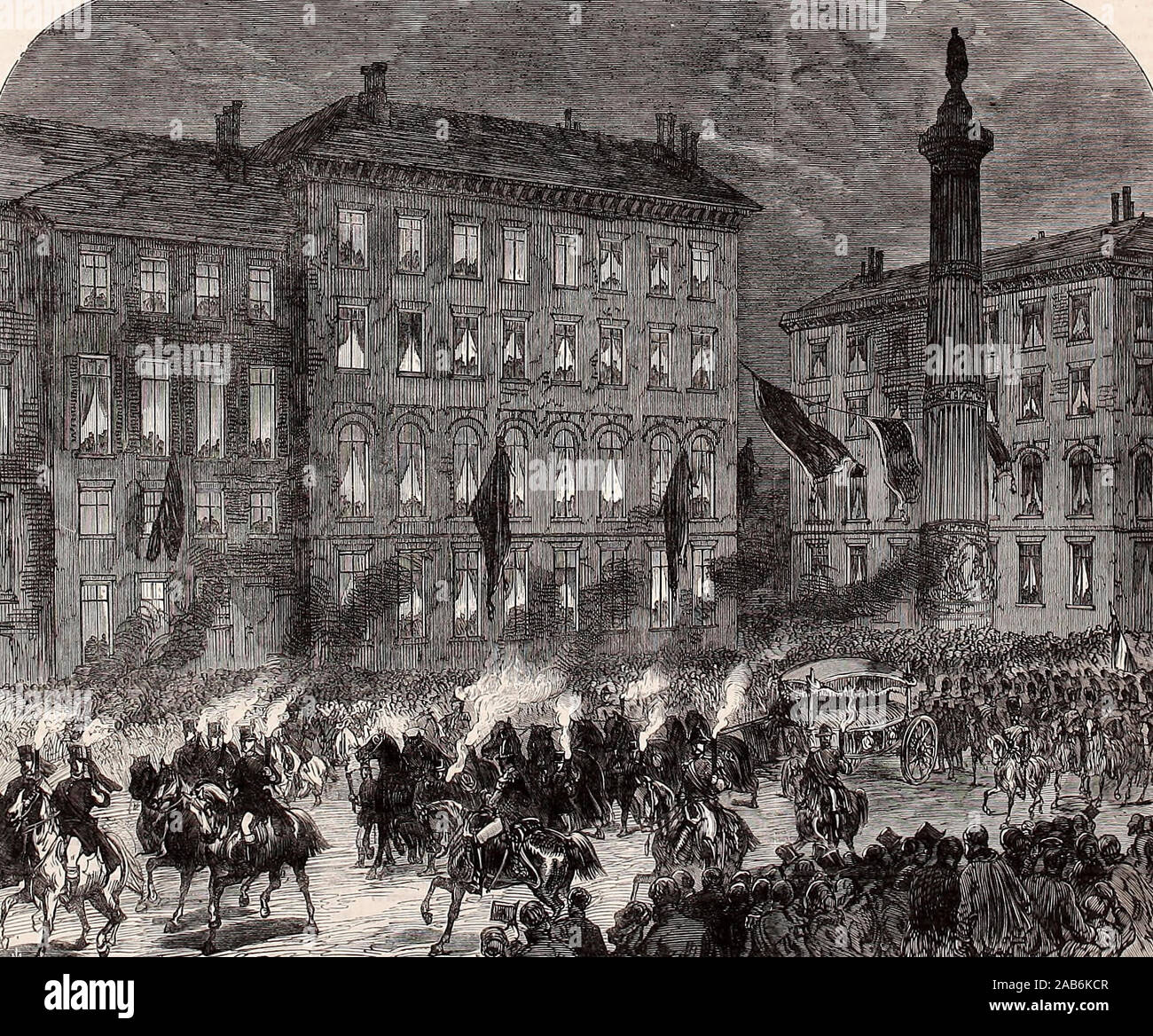 The body of the late King of the Belgians, Leopold I,  taken into Brussels, Belgium by torchlight - 1865 Stock Photo