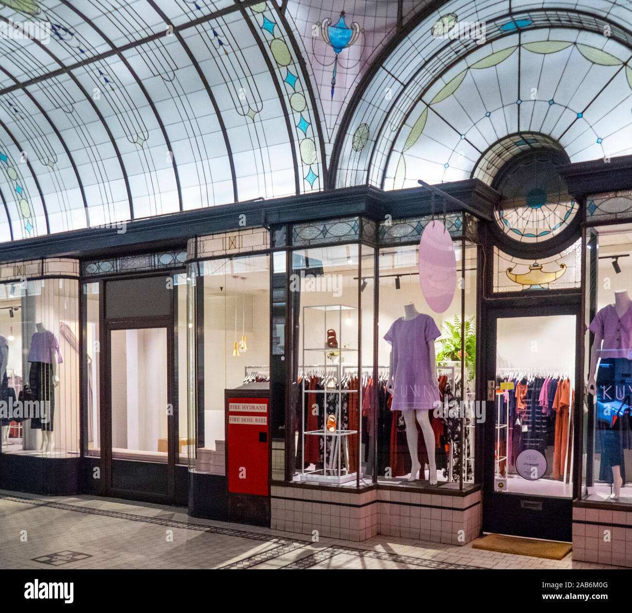 Arched stained glass lead light ceiling in retail shopping Cathedral Arcade in Nicholas Building Melbourne Victoria Australia. Stock Photo